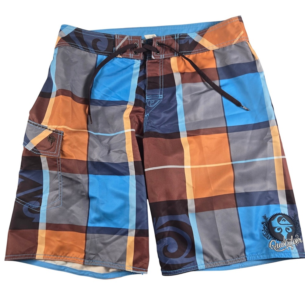 Quiksilver Board Shorts Men's 34 Blue Plaid Y2K Vintage Surf Swim Trunks